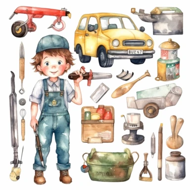 cute kawaii car mechanic, repairman tools, watercolor white background clipart set single elements with margin car mechanic, repairman tools