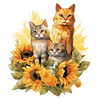 sunflowers and siamese drawn in watercolor, vector design, cutout,Sublimation Clipart ,Cartoon,hyper realistic, intricate detail, illustration style,high solution,on the white background
