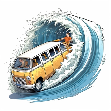 Illustrate a dynamic scene: a van gracefully surfing a powerful wave, surfboards showcasing unique designs, with a majestic cliffside providing a stunning backdrop, set against a pure white background, illustration style, white background, clipart, PNG pure white background, high resolution, hyper detailed, best quality, high detailed illustration