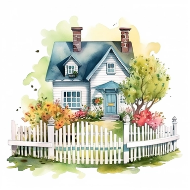 clipart, isolated on white background, beautiful cute Watercolor Spring Cottage - cute little house with fence and chimney, tree and flowers, ornated, vivid and saturated colors