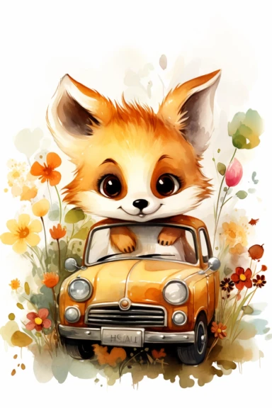 cute fox cartoon in car flowers in watercolor, in style of book illustrated, nursery drawing, clipart