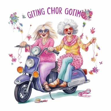happy, funny, crazy old ladies with long gray hair clipart, line art style, driving on motorcycle to sewing store, loves fabric and threads, colorful outfits, vibrant colors, laughing load, looking happy with threads and scissors and thread spools in their hands,