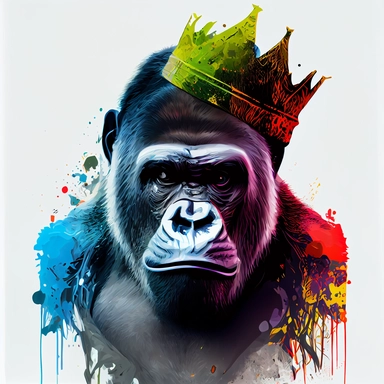 Colorful art of a gorilla with a crown, clip art, no shadow, white background, hd hdhd, 8k, sharp,