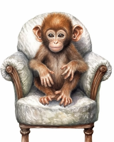 detailed watercolor Baby Monkey on a chair , hyper realistic, isolated on a white background, clipart