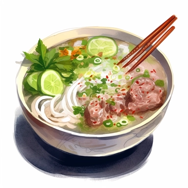watercolor, hyper realistic, white background, white margins, 16k, ultra detailed clipart, cut out image, hand-drawn a bowl of traditional Vietnamese phở, a fragrant noodle soup with tender slices of beef or chicken, fresh herbs, bean sprouts, and lime. in the style of anime art, frostpunk, photo-realistic drawings, villagecore, lively and energetic, high quality, anime
