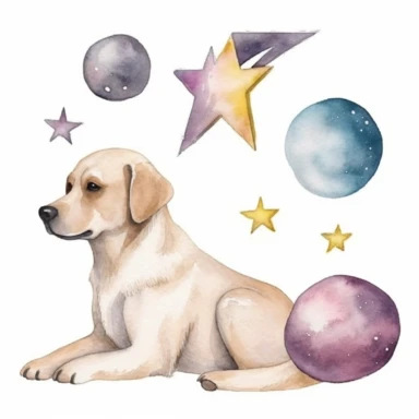 celestial watercolour Labrador and dog toys clipart, on white background, stars, nebula, moon, galaxy, soft colours