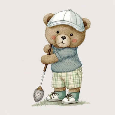 cute Teddy Bear playing golf and wearing vintage golf summer clothes Illustration, Sublimation graphics, by Beatrix Potter, Watercolor clipart, single design, white background