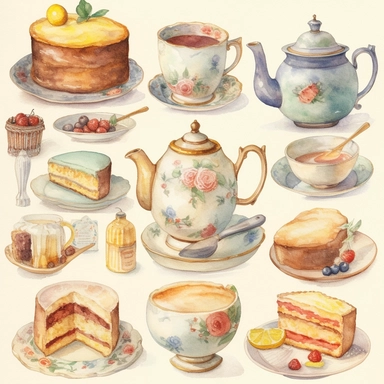 Watercolor vintage tea party items, illustrations clipart set, simple, soft colors, cartoon elements, different variants, teapot, sugar bowl, bun, jug of milk, cake stand, scones, china cup and saucer, , napkin, clotted cream, , knife, fork, jam, slice of cake on plate, tea cups, stacked teacups, lemondish, butter and bisciuits, , tea jars, , separate elements with a margin