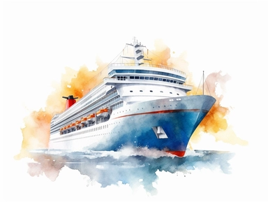 Watercolor clip art on white background, cruise ship, Clipart, high-resolution image with vibrant and true-to-life colors, isolated