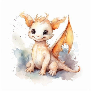 watercolor cute baby dragon clipart full body, flying and sitting, simplistic, charming sketches, warm color palette, hand painted, white background