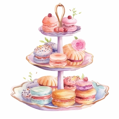 Clipart, Watercolor, Boho tier candy tray with cakes and sandwiches, pastel color, hand-draw, texture
