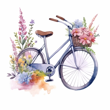 a bicycle parked with wild flowers clip art, watercolour style