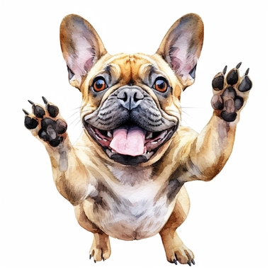 high detailed, Hand drawn watercolor clipart of a French Bulldog excited to greet owner, on a pure white background for background removal, no shadow, no paint splash