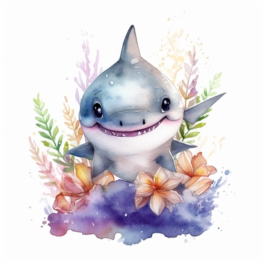 cutest little nursery shark with big eyes, full body, pen and ink with watercolor, seaweed, jelly fish, little fish, pearlescent horn, sparkles, glittery, clipart sheet, nurseycore
