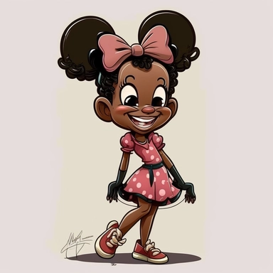 2d, beuatiful vibrant full body happy african american adult mickey mouse girl clipart, dark brown face, pink ears, cartoon realistic