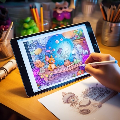 drawing a sketch of cute fiary tale clipart on a apple tablet