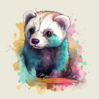 A detailed illustration an ferret, t shirt design, in the style of Studio Ghibli, pastel tetradic colours, 3D vector art, cute and quirky, watercolor clipart, white background watercolor effect, Adobe Illustrator, hand-drawn, digital painting, low-poly, soft lighting, bird's-eye view, isometric style, retro aesthetic, focused on the character,