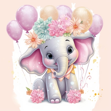 a detailed very colorful vector Clipart image sticker of a beautiful majestic magical floral smilling baby elephant and pastel pink balloons colors holding balloons with a white background, pastel light colors, fall colours, gold ropes, photorealistic, cinematic, Cinematic, Color Grading, Editorial Photography, Photography, Photoshoot, Shot on 70mm, Ultra-Wide Angle, Depth of Field, DOF, Tilt Blur, Shutter Speed 1/1000, F/22, Gamma, White Balance, Neon, Light, Dark, Light Mode, Dark Mode, High C