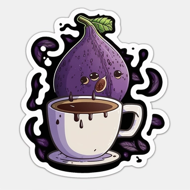purple fig drinking coffee, cartoon clipart, sticker