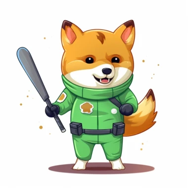 Shiba inu dog in actual green spacesuit, holding a real baseball bat, white background, clipart style, cartoon style