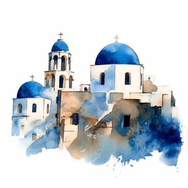 a Greece Santorini Blue Domes in the style of watercolour clipart with detailed brush strokes