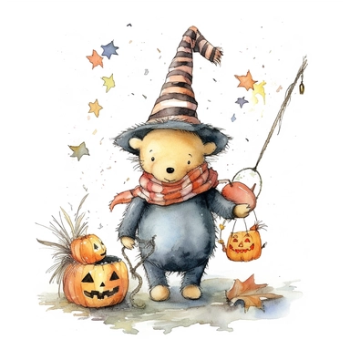 E.H. Shepard's Winnie the Pooh in a Halloween theme wearing a wizard hat and carrying a wand, like he's dressed up as a magical character He also has a little pumpkin bucket to collect candy in. wearing a black and orange one shirt with a spider. some spooky decorations bunting cobwebs and ghosts hanging around him, white background, Clipart watercolour