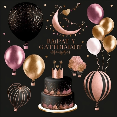 Party Clipart, Birthday Elements, Rose Gold Birthday Clipart , glitter, Birthday Cake PNG, Wedding Clipart, Balloon Clipart Set, Baby Shower black background