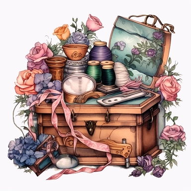 the victorian sewing equipments in a sewing box clipart, in the style of victorian-inspired hyperrealistic illustrations, historical illustration, childlike illustration, stylish costume design, romantic illustrations, emotive colors, pastel flowers, victorian vintage color palette, cute and dreamy, realistic watercolors, realistic depictions of human form, white background