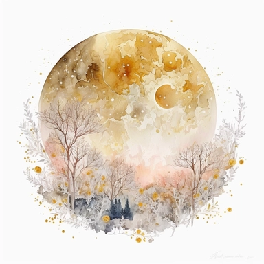 A full moon, white, gold, glitter, fantasy, realistic illustration, watercolor, by Dinara Mirtalipova, by Disney, bright and airy Colors, concept art, white background , clipart