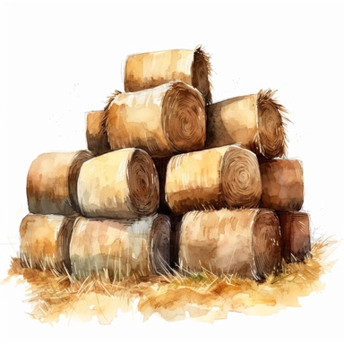 realistic watercolor drawing of a bales of hay spread out on a field, on a white background where the background will be removed to repurpose as a clipart.