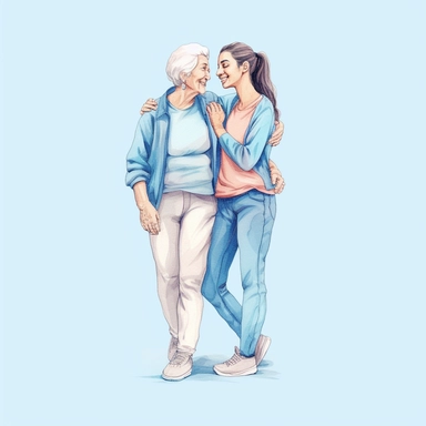 watercolor, Lovely fun smiling happy caucasian elder parent mom with young adult daughter two women together wearing casual clothes hugging cuddle kiss isolated on plain blue cyan background. Family day concept png Full body realistic cartoon in 32K UHD cute. 15 cm thick outline. Black color. There was no shadow on the ground. 8k with realistic watercolors and detailed illustrations. PNG clipart, transparent white background