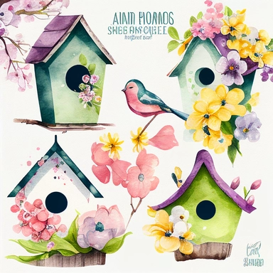 Watercolor Bird Houses Clipart - springtime cute birdhouses and blossoms