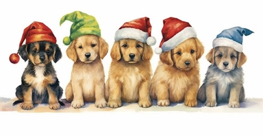 Cute puppies in a line, dressed in cute christmas outfits, playful, vivid colors, white background, ornamental watercolor clipart, I can't believe how beautiful this is