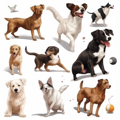 create clipart featuring ultra realistic and playful dog on white background engaged in various activities, such as playing, sleeping, eating, jumping