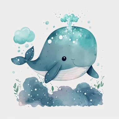 whale, very cute, cartoon, kawaii, watercolor, vector, clipart, 8k