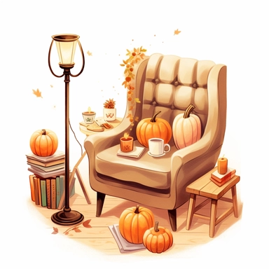A fall setting with a cozy chair, pumpkin spice latte, books, candles and thematic assets. On white background, golden hour, pixel art , style by Lucy Fleming, watercolor, smooth gradients, black contour outline, ultra detailed, clipart elements, delicate pastel colors, solid white background, super clear, high quality
