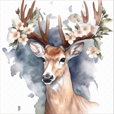 Deer portrait, white magnolia flowers on a large antler, watercolor, clipart, illustration no background
