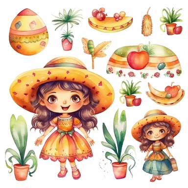 Watercolor cinco de mayo decorations, illustrations clipart set, simple, cinco de mayo colors, cartoon elements, different variants, cinco de mayo mexican hat, fiesta, mexican maracas, cute little girl with traditional mexican dress and hat, cinco de mayo sugar skulls, cinco de mayorose, separate elements with a margin