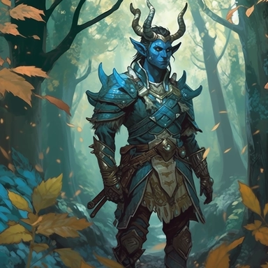 dungeons and dragons blue tiefling ranger in woodland, background lush forest, entire body view, thorn armor, clipart,