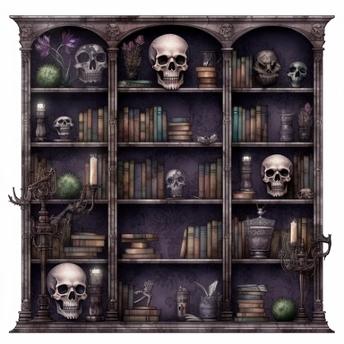 Gothic style bookcase full of gothic skulls with watercolor effect,suitable for digital clipart,white background,gothic scene,gothic colors,gothic tools,gothic roses,skull,dark scene
