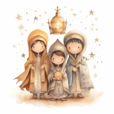 A watercolor painting of a cute nativity with 3 wise men holding gold, frankincense and myrrh, Christmas, cute detailed digital art, inspired by nicoletta ceccoli, by Kubisi art, whimsical and cute, by nicoletta ceccoli, cute detailed artwork, glimmering, adorable and whimsical, whimsical art, Clipart style, png style, svg style, blank white background, a solid white background