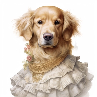 Stunning Golden Retriver adorned in a ruffled Victorian collar and a decorative ribbon, exuding charm and sophistication against the pristine white backdrop. Its distinct spots and dignified posture make it a true Victorian beauty. Clipart, watercolor, white background, intricate detail, unreal engine cinematic smooth. Realistic rendering