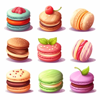 clipart elements macarons, cute, colorful, unique flavors, mint chocolate chip, striped, peanut butter and jelly