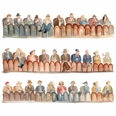 watercolor 1910s 1920s 1930s 1940s theatre spectator rows, illustrations clipart set, simple, , cartoon elements ,different variants ,shows,separate elements with a margin