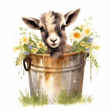 realistic watercolor cute baby goat sitting inside a wooden bucket with 2 feet on the edge peeking out, with flowers and grass around the outside surrounding of the bucket, solid white background, clipart