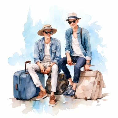 Travel Watercolor Clipart, two young men, best friends, 19 blue themed, single object, isolated on white background, highly detailed, hand painted watercolor illustration by Cath Kidston, Emma Bridgewater, png transparent background, white background for removing background - - no text shadow font watermark