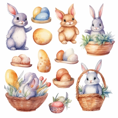 watercolor, cute set of easter eggs, baby rabbit, eggs, basket with eggs, stickers, clipart on white background, pastel colors, pencil textures, with a white background