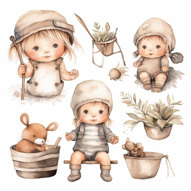 Clipart watercolor, newborn , cute boho neutral colors ,all doing different actions for children separate drawings on a white background with a margin, drawing with watercolors , thing related to newborn, neutral colors, minimalistic, adorable, shabby chic ,baby nursery