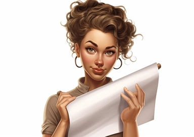 Cartoon Clipart of beautiful girl with braided hair, girl holding a blank board on white background, Norman Rockwell style is 20 years old holding white sheet poster, in the style of street style realism, uhd image, illustrated advertisements, eye-catching composition, photorealistic detail, light silver and brown, matte photo
