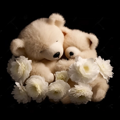 clipart of fluffy baby teddy bear sleeping in her mother's arms, cute, soft and mellow colors, cherry blossome environment, octan renderer, dept of field black background, cutout